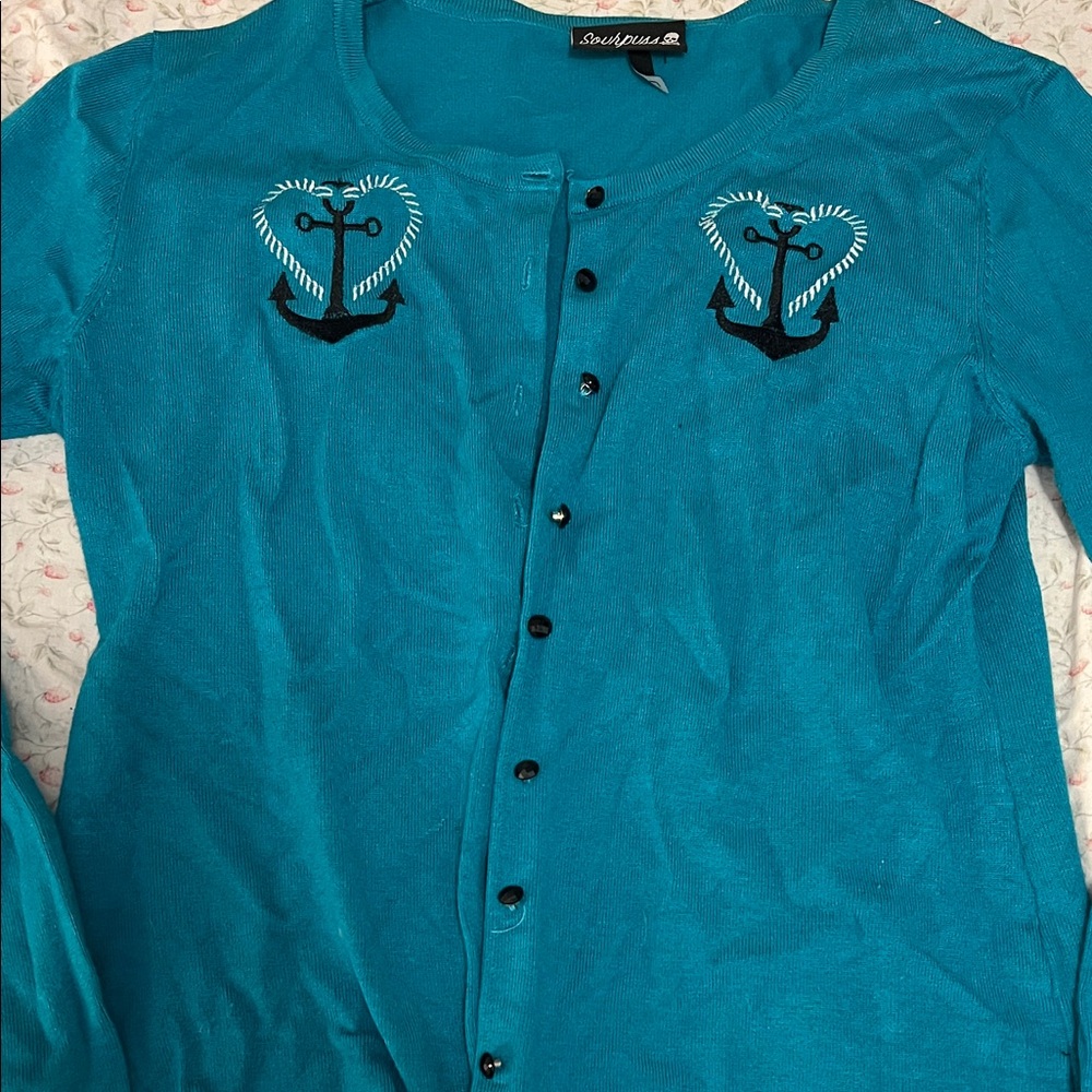 Sourpuss Blue Cardigan with Anchor Embroidery rockabilly VLV coquette